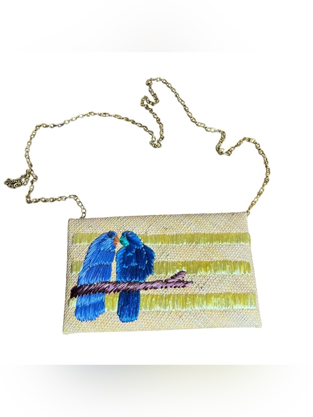 SERPUI Marie Yellow Raffia Clutch Chain Purse Blue Parrots Birds Small Bag Straw